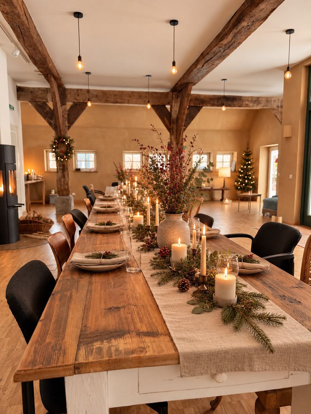 FarmRetreat – festlich gedeckte Holztafel mit Kerzen und Tannengrün unter alten Eichenbalken